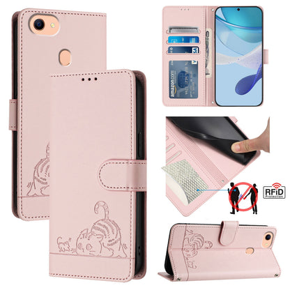 OPPO F17 Cat and Mouse Embossed PU Leather RFID Case with Wallet Slots, Anti-Fall Protection, Kickstand, and Lanyard-buycases.co.uk