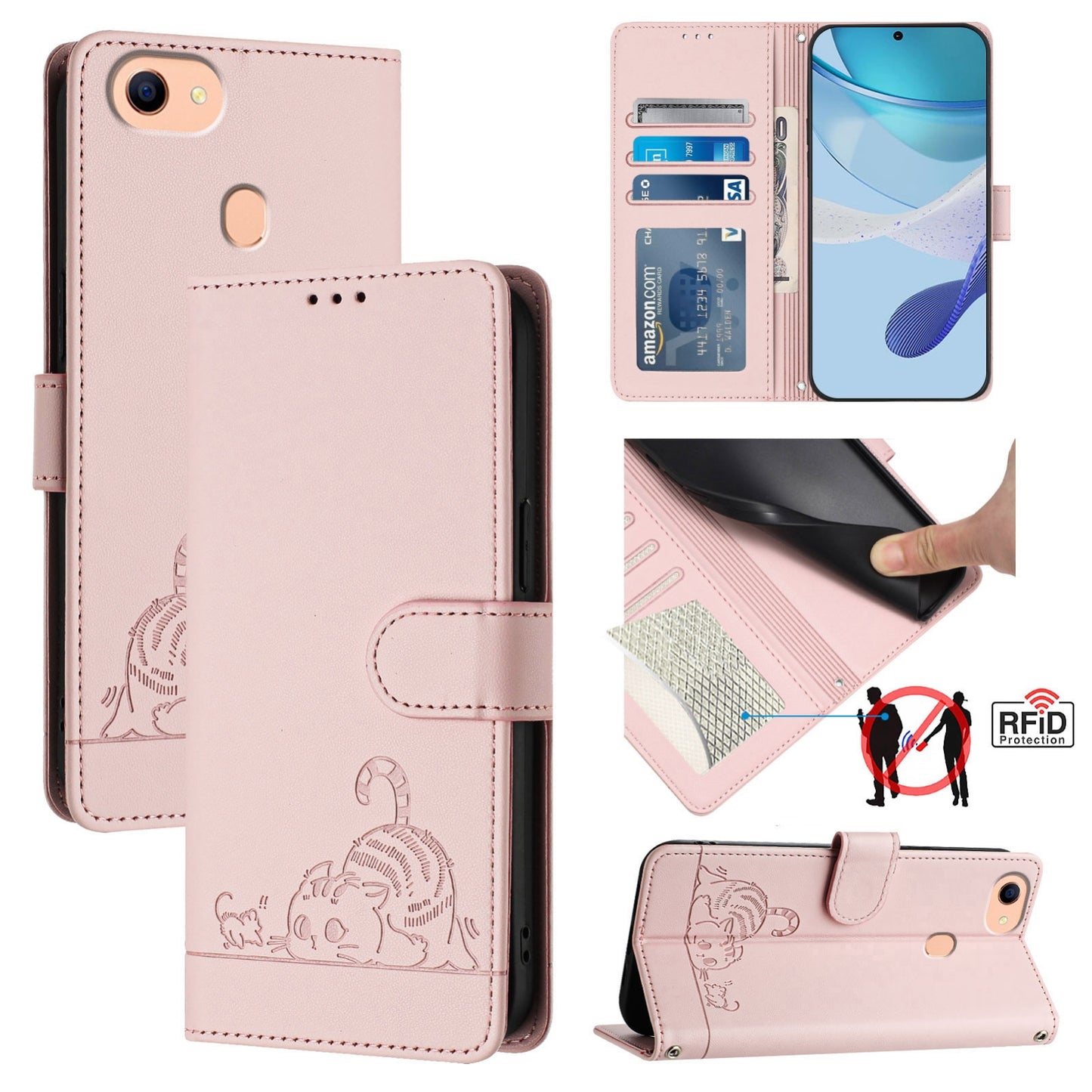 OPPO A73 2020 4G Global Cat and Mouse Embossed PU Leather RFID Case with Wallet Slots, Anti-Fall Protection, Kickstand, and Lanyard-buycases.co.uk