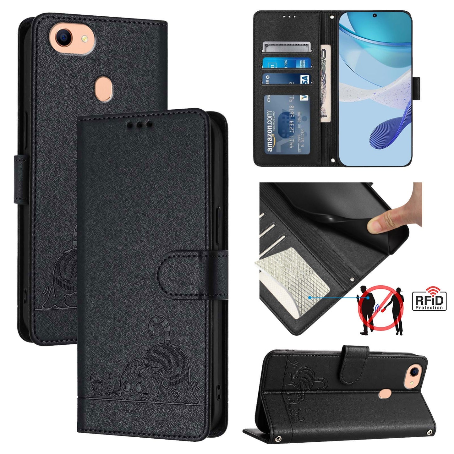 OPPO F17 Cat and Mouse Embossed PU Leather RFID Case with Wallet Slots, Anti-Fall Protection, Kickstand, and Lanyard-buycases.co.uk