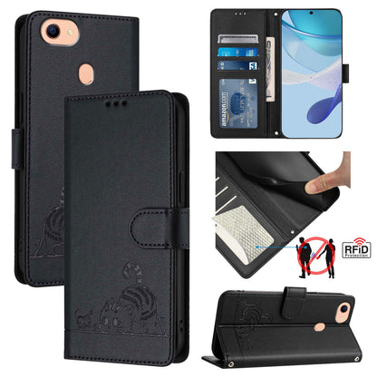 OPPO A73 2020 4G Global Cat and Mouse Embossed PU Leather RFID Case with Wallet Slots, Anti-Fall Protection, Kickstand, and Lanyard-buycases.co.uk