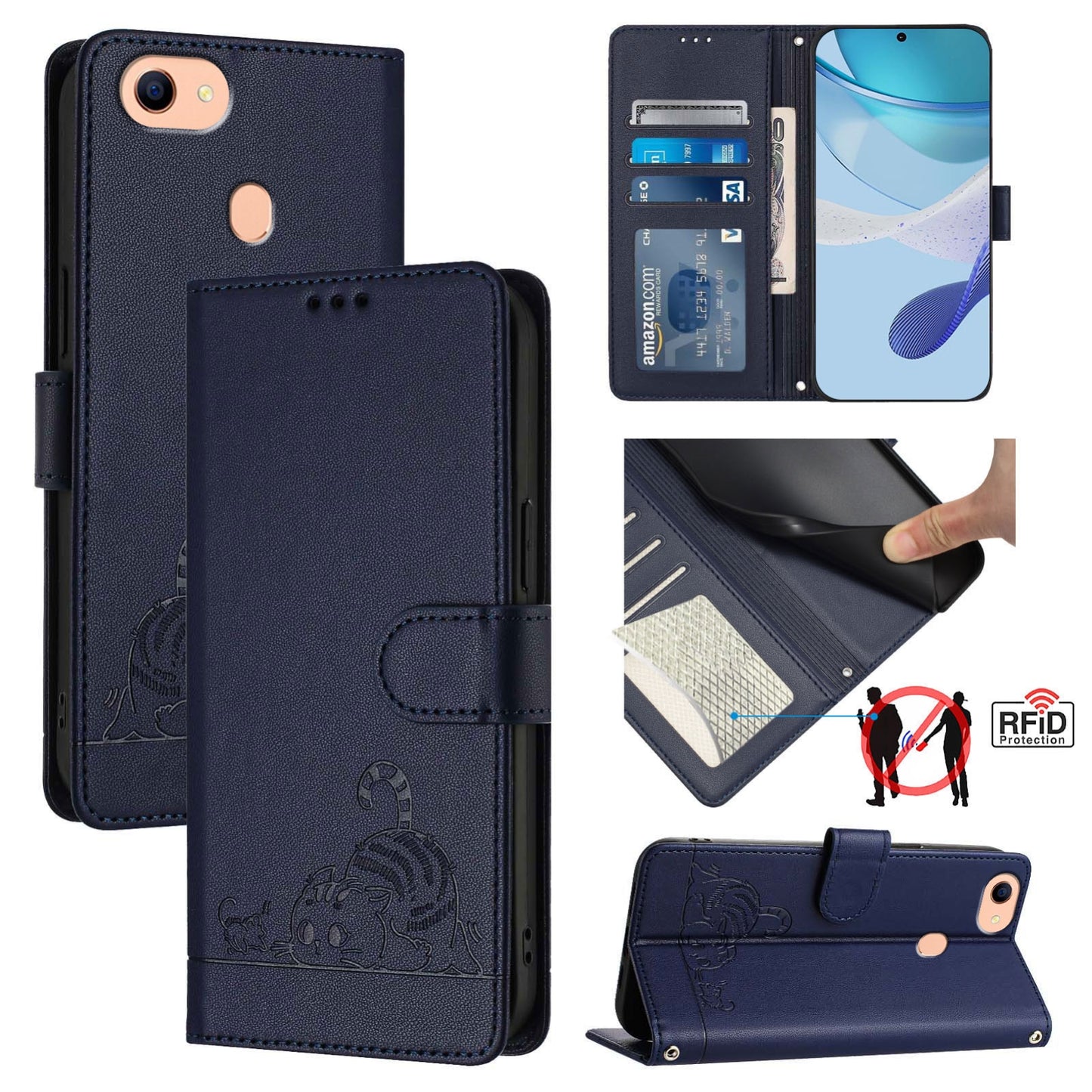 OPPO A73 2020 4G Global Cat and Mouse Embossed PU Leather RFID Case with Wallet Slots, Anti-Fall Protection, Kickstand, and Lanyard-buycases.co.uk