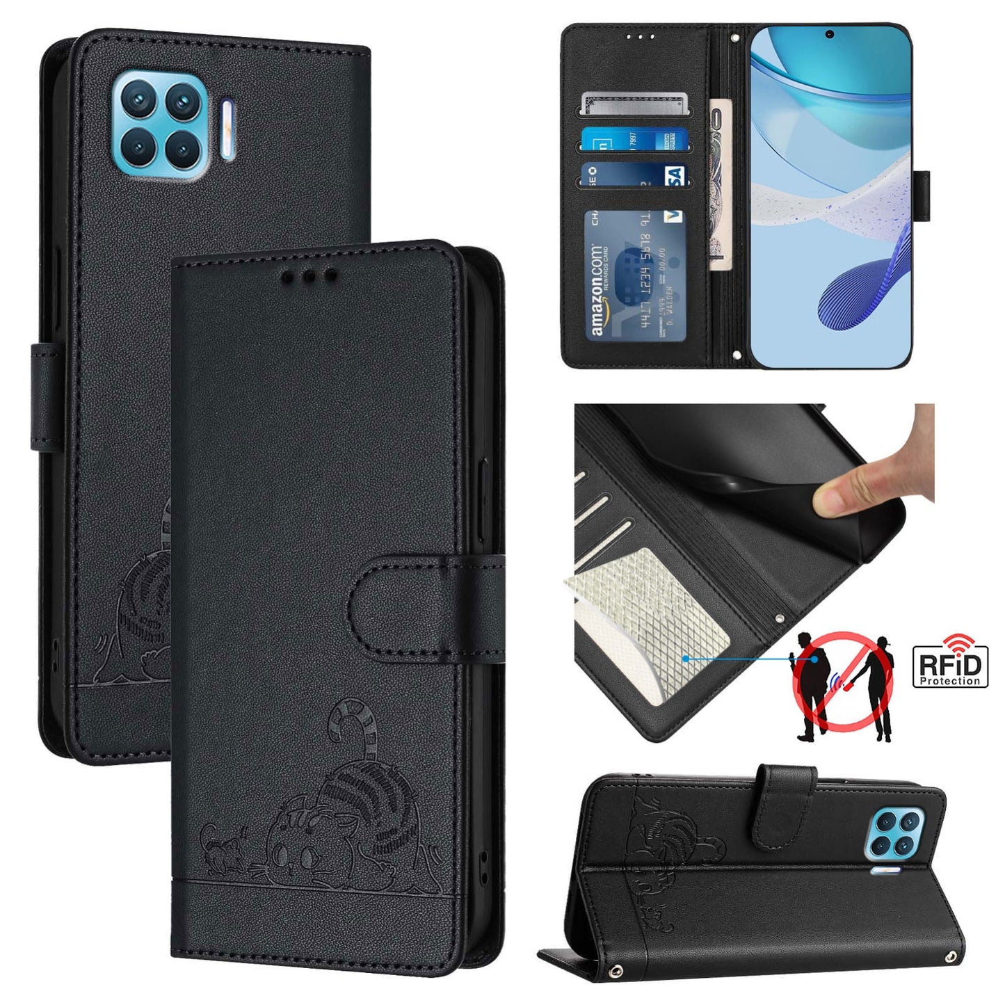 OPPO F17 Pro Cat and Mouse Embossed PU Leather RFID Case with Wallet Slots, Anti-Fall Protection, Kickstand, and Lanyard-buycases.co.uk