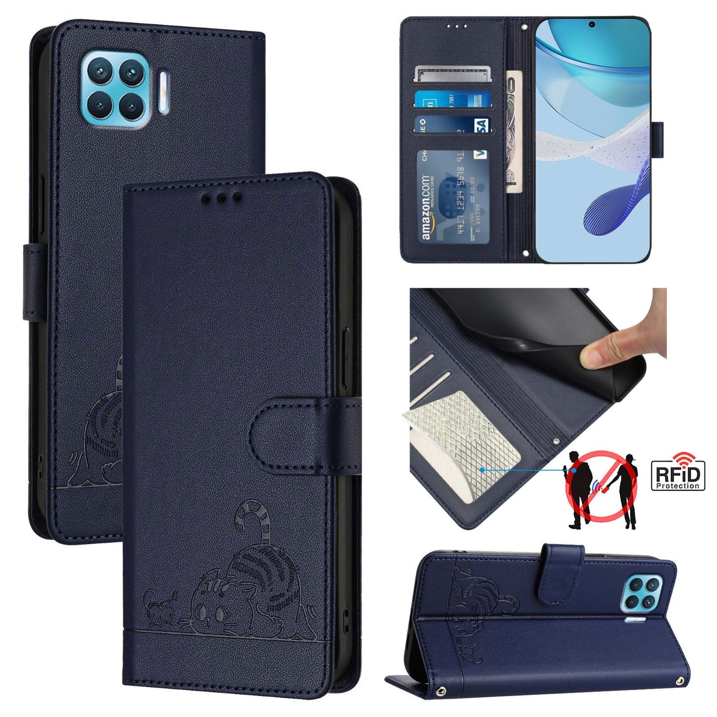 OPPO F17 Pro Cat and Mouse Embossed PU Leather RFID Case with Wallet Slots, Anti-Fall Protection, Kickstand, and Lanyard-buycases.co.uk