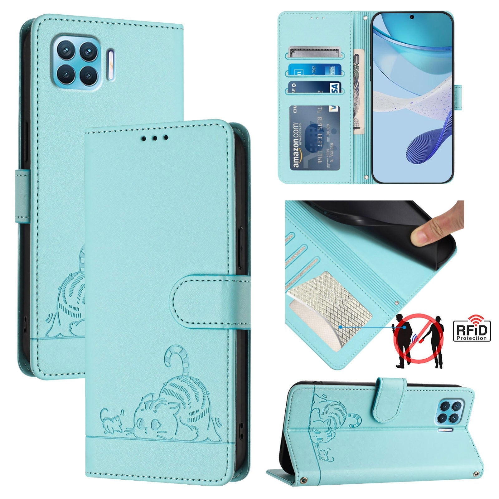 OPPO Reon4 Lite Cat and Mouse Embossed PU Leather RFID Case with Wallet Slots, Anti-Fall Protection, Kickstand, and Lanyard-buycases.co.uk