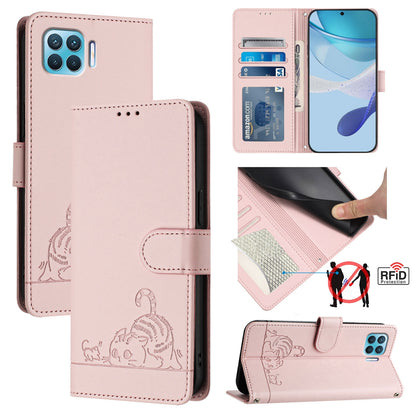 OPPO Reon4 Lite Cat and Mouse Embossed PU Leather RFID Case with Wallet Slots, Anti-Fall Protection, Kickstand, and Lanyard-buycases.co.uk