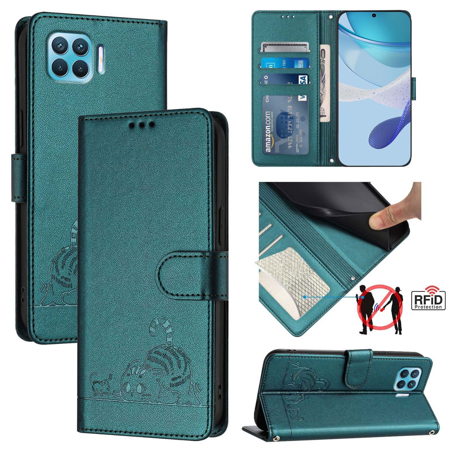 OPPO Reon4 F Cat and Mouse Embossed PU Leather RFID Case with Wallet Slots, Anti-Fall Protection, Kickstand, and Lanyard-buycases.co.uk
