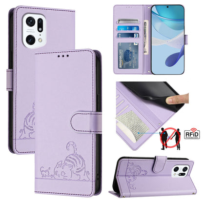 OPPO Find X5 Cat and Mouse Embossed PU Leather RFID Case with Wallet Slots, Anti-Fall Protection, Kickstand, and Lanyard-buycases.co.uk