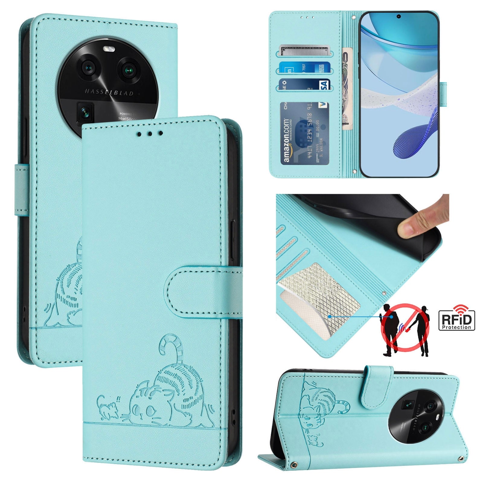 OPPO Find X6 Cat and Mouse Embossed PU Leather RFID Case with Wallet Slots, Anti-Fall Protection, Kickstand, and Lanyard-buycases.co.uk