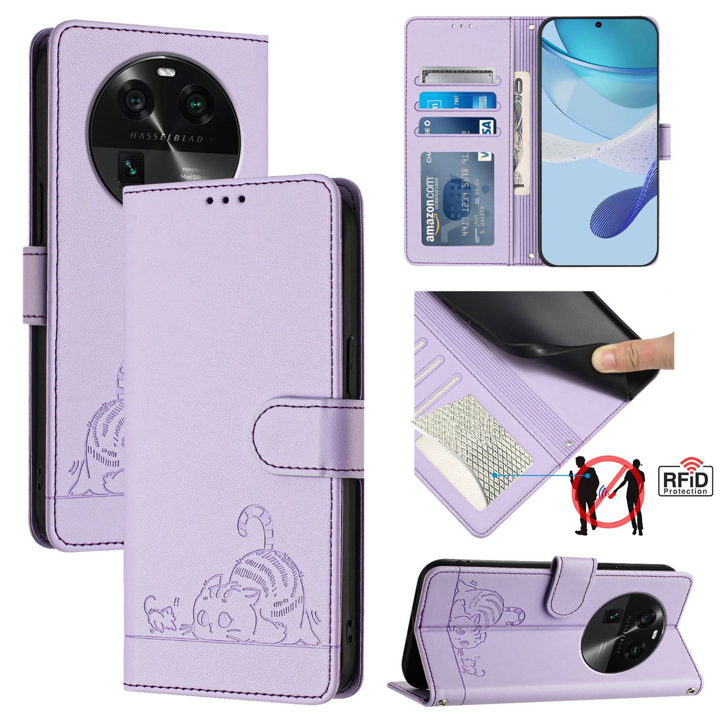 OPPO Find X6 Cat and Mouse Embossed PU Leather RFID Case with Wallet Slots, Anti-Fall Protection, Kickstand, and Lanyard-buycases.co.uk