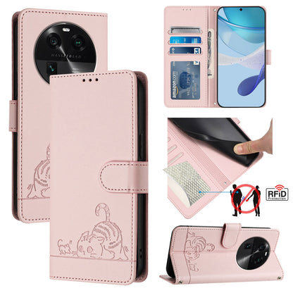 OPPO Find X6 Pro Cat and Mouse Embossed PU Leather RFID Case with Wallet Slots, Anti-Fall Protection, Kickstand, and Lanyard-buycases.co.uk