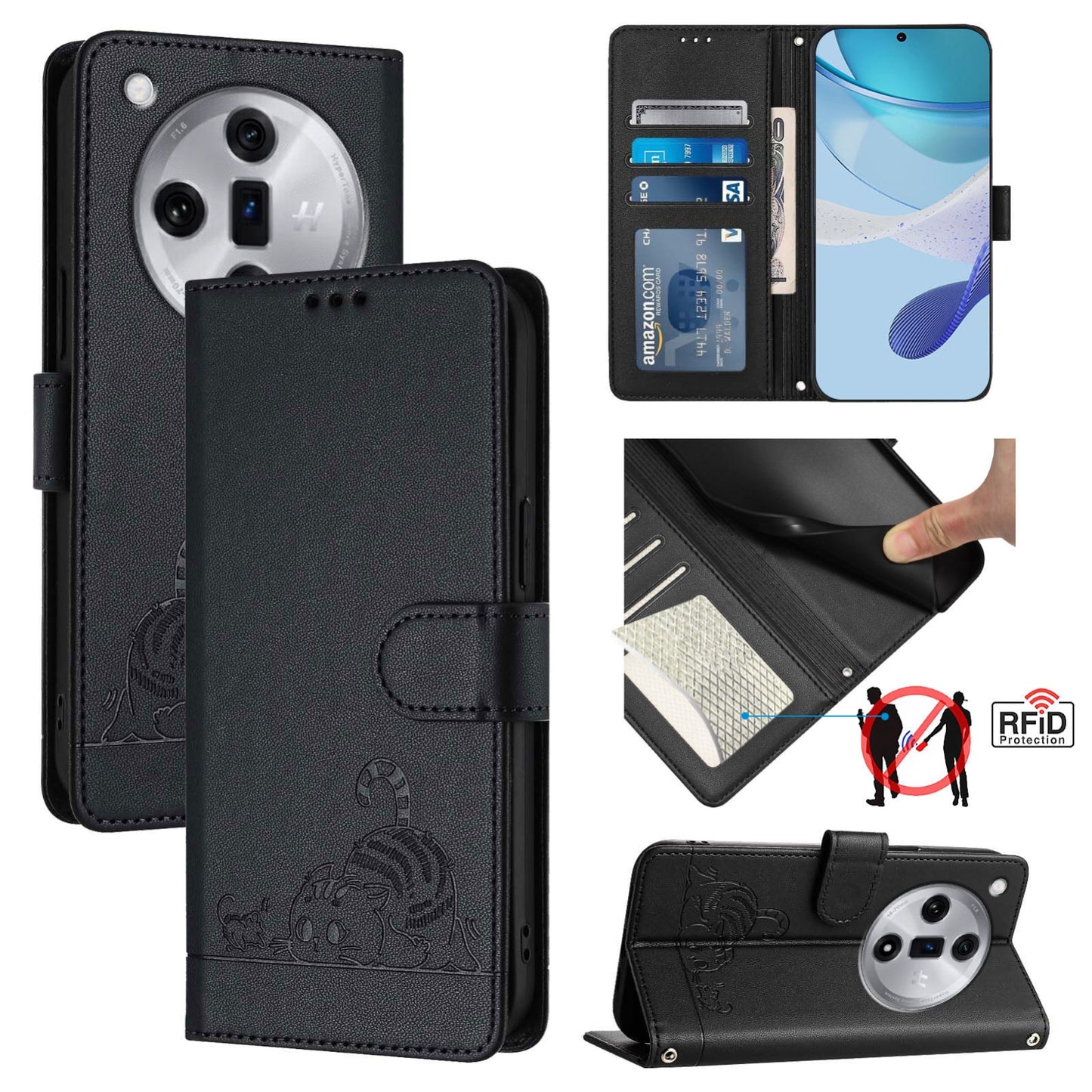 OPPO Find X7 Cat and Mouse Embossed PU Leather RFID Case with Wallet Slots, Anti-Fall Protection, Kickstand, and Lanyard-buycases.co.uk
