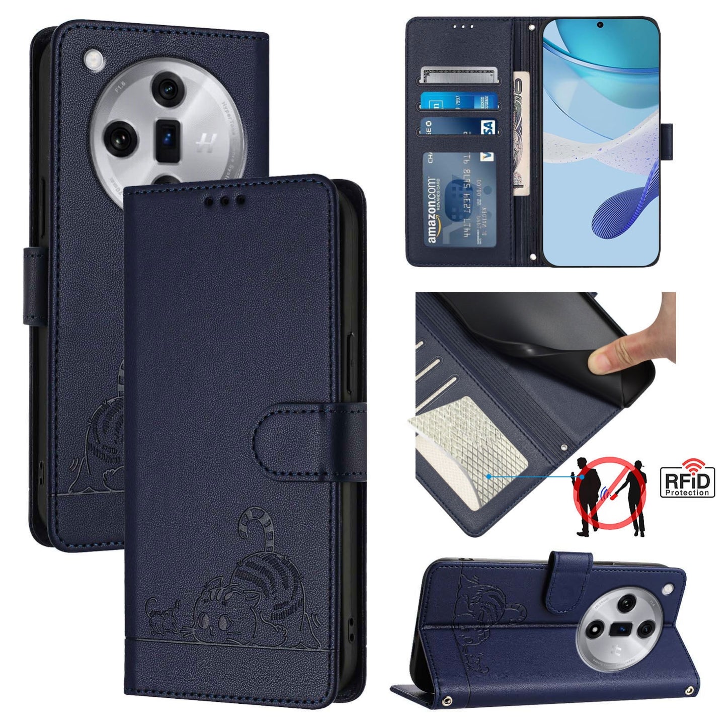 OPPO Find X7 Cat and Mouse Embossed PU Leather RFID Case with Wallet Slots, Anti-Fall Protection, Kickstand, and Lanyard-buycases.co.uk