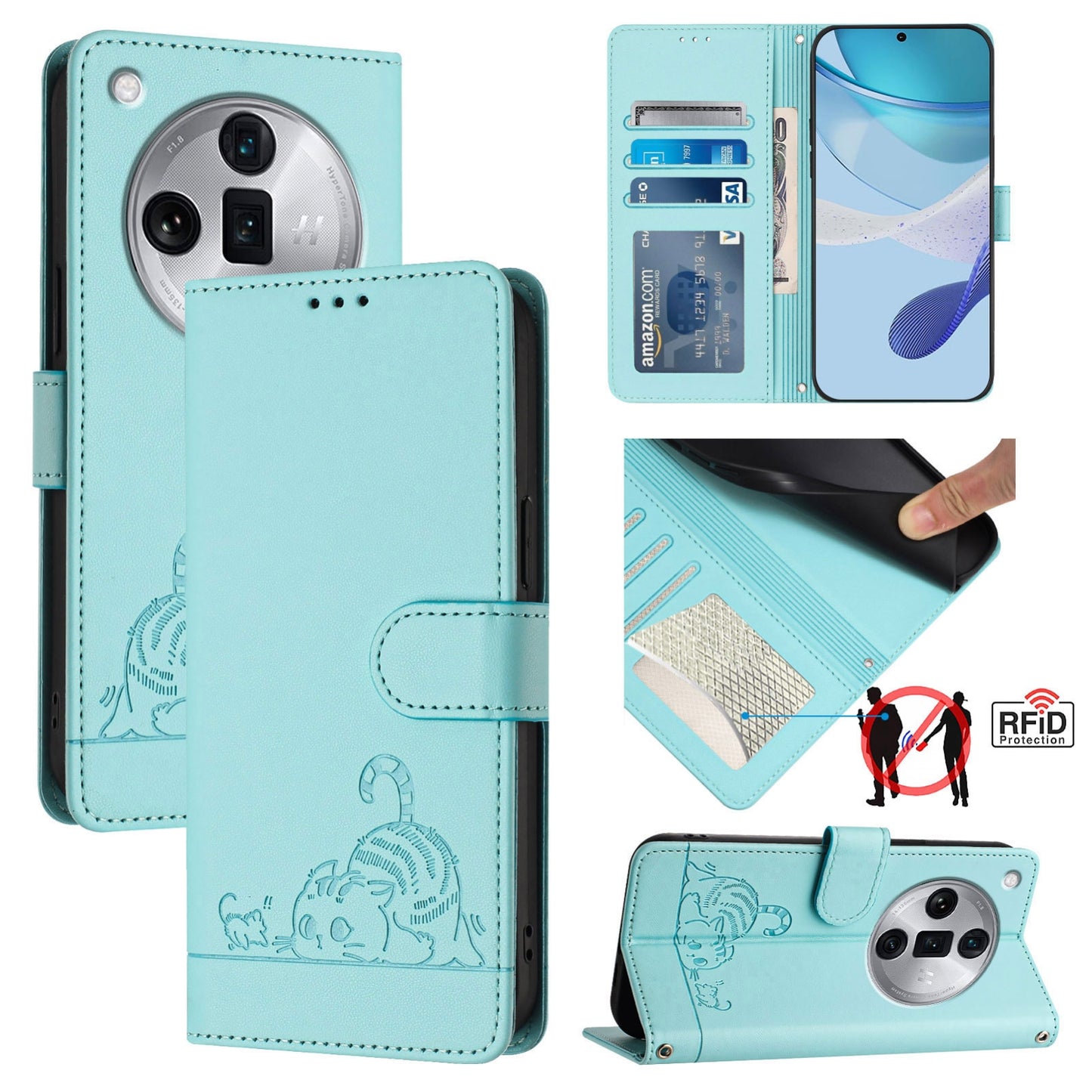 OPPO Find X7 Ultra Cat and Mouse Embossed PU Leather RFID Case with Wallet Slots, Anti-Fall Protection, Kickstand, and Lanyard-buycases.co.uk
