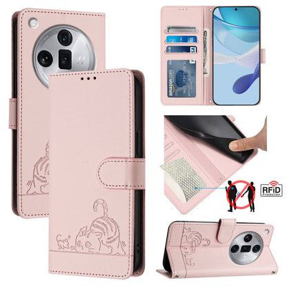 OPPO Find X7 Ultra Cat and Mouse Embossed PU Leather RFID Case with Wallet Slots, Anti-Fall Protection, Kickstand, and Lanyard-buycases.co.uk