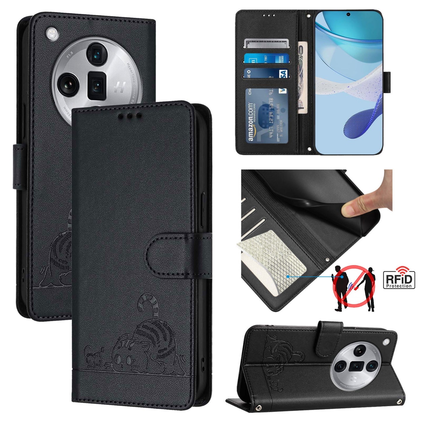 OPPO Find X7 Ultra Cat and Mouse Embossed PU Leather RFID Case with Wallet Slots, Anti-Fall Protection, Kickstand, and Lanyard-buycases.co.uk