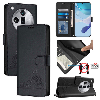 OPPO Find X7 Ultra Cat and Mouse Embossed PU Leather RFID Case with Wallet Slots, Anti-Fall Protection, Kickstand, and Lanyard-buycases.co.uk