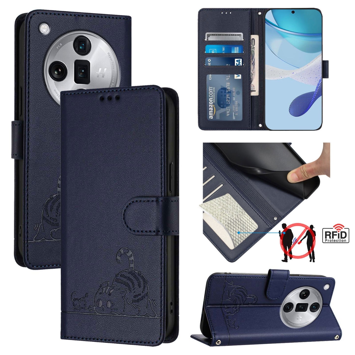 OPPO Find X7 Ultra Cat and Mouse Embossed PU Leather RFID Case with Wallet Slots, Anti-Fall Protection, Kickstand, and Lanyard-buycases.co.uk