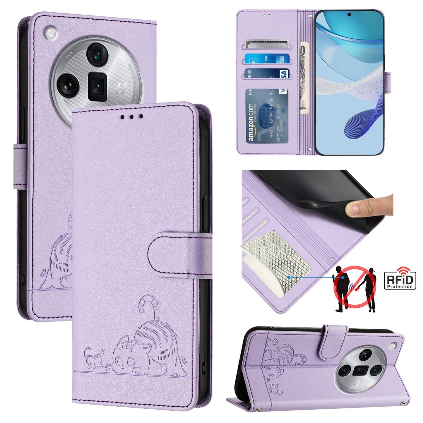 OPPO Find X7 Ultra Cat and Mouse Embossed PU Leather RFID Case with Wallet Slots, Anti-Fall Protection, Kickstand, and Lanyard-buycases.co.uk