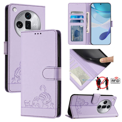 OPPO Find X7 Ultra Cat and Mouse Embossed PU Leather RFID Case with Wallet Slots, Anti-Fall Protection, Kickstand, and Lanyard-buycases.co.uk