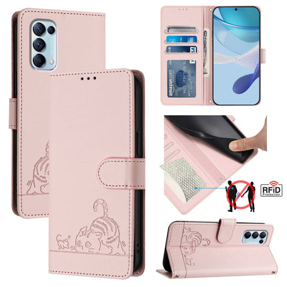 OPPO Reno5 4G Cat and Mouse Embossed PU Leather RFID Case with Wallet Slots, Anti-Fall Protection, Kickstand, and Lanyard-buycases.co.uk