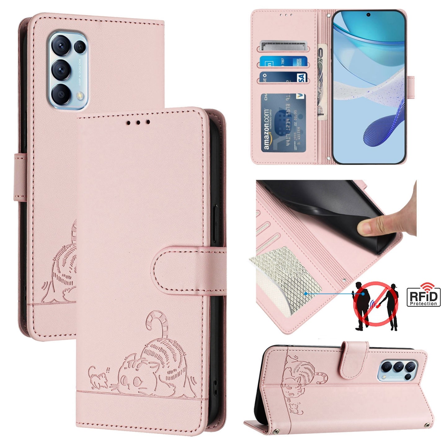 OPPO Reno5 5G Cat and Mouse Embossed PU Leather RFID Case with Wallet Slots, Anti-Fall Protection, Kickstand, and Lanyard-buycases.co.uk
