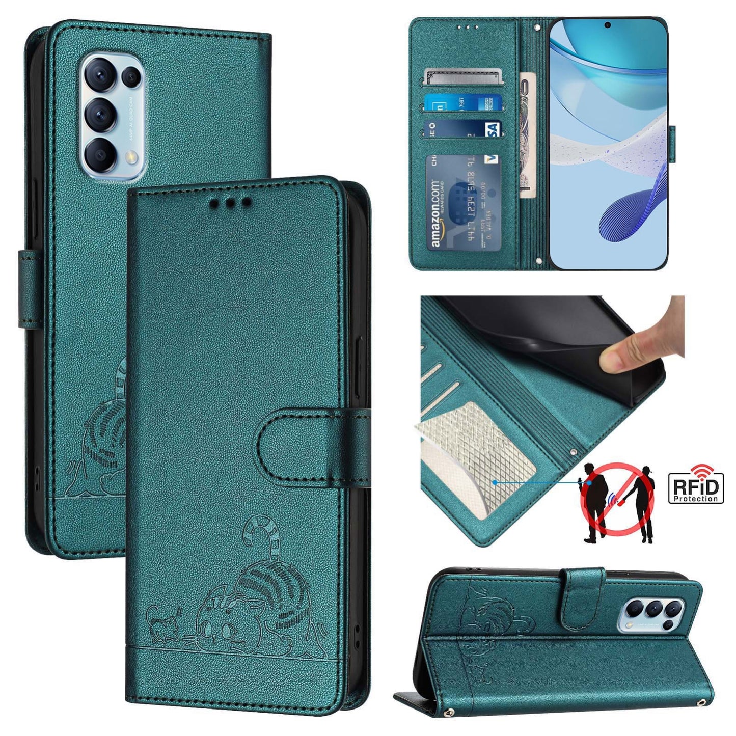 OPPO Reno5 5G Cat and Mouse Embossed PU Leather RFID Case with Wallet Slots, Anti-Fall Protection, Kickstand, and Lanyard-buycases.co.uk