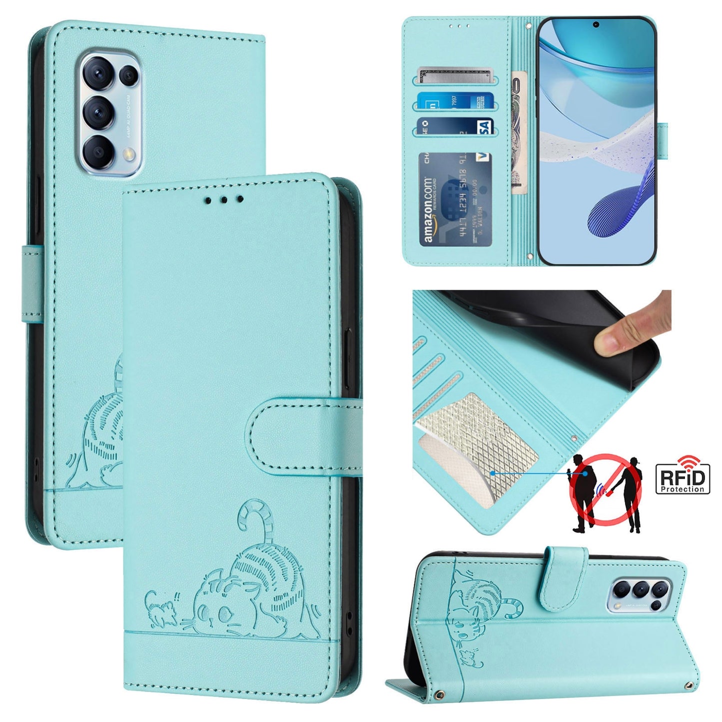 OPPO Find X3 Lite Cat and Mouse Embossed PU Leather RFID Case with Wallet Slots, Anti-Fall Protection, Kickstand, and Lanyard-buycases.co.uk