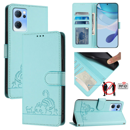 OPPO Reno7 5G Global Cat and Mouse Embossed PU Leather RFID Case with Wallet Slots, Anti-Fall Protection, Kickstand, and Lanyard-buycases.co.uk