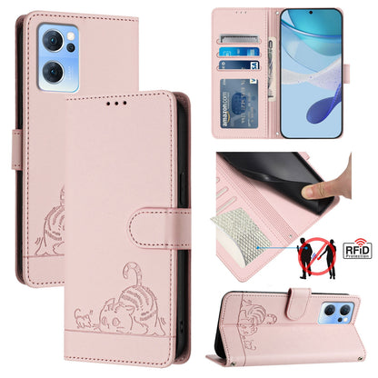 OPPO Reno7 5G Global Cat and Mouse Embossed PU Leather RFID Case with Wallet Slots, Anti-Fall Protection, Kickstand, and Lanyard-buycases.co.uk