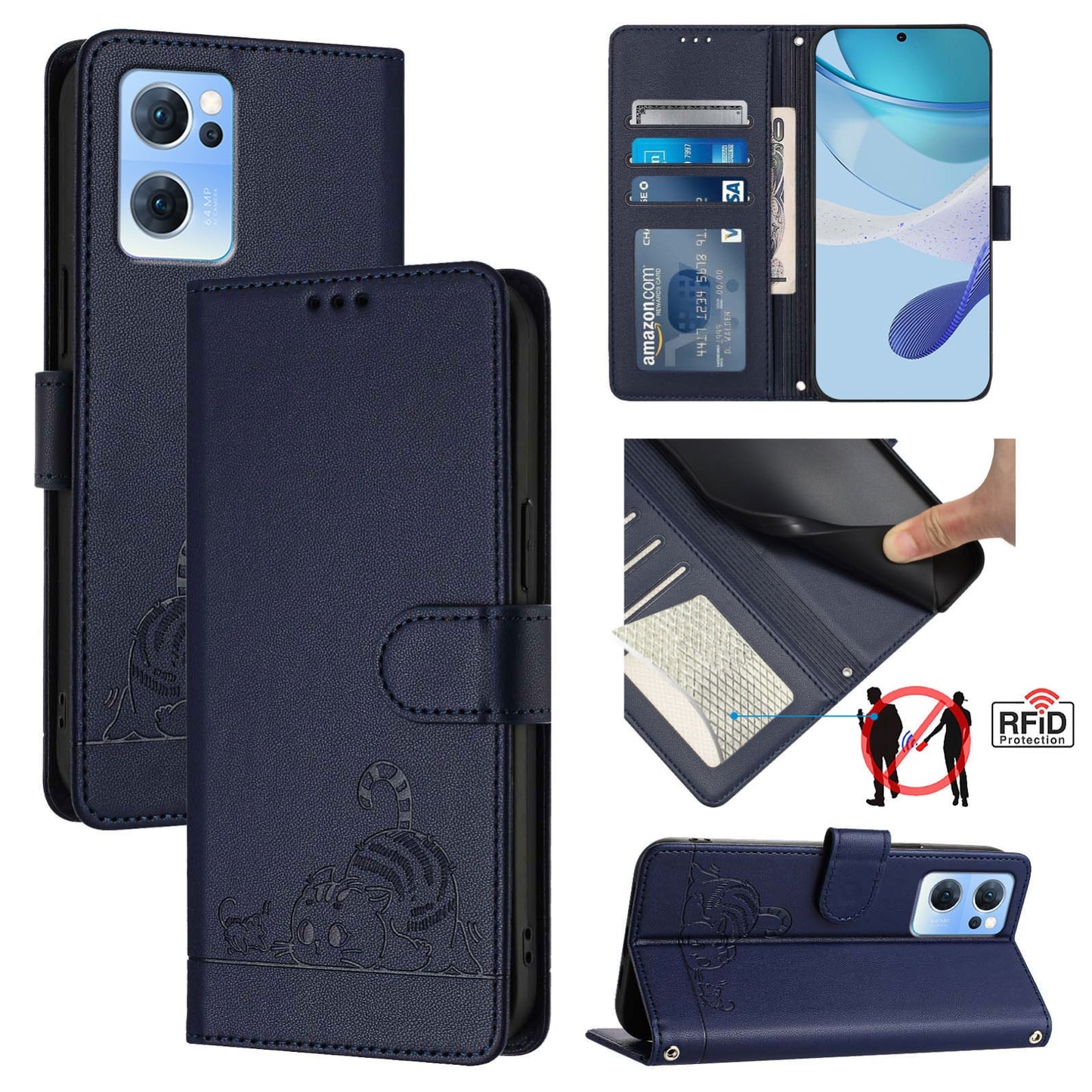 OPPO Find X5 Lite Cat and Mouse Embossed PU Leather RFID Case with Wallet Slots, Anti-Fall Protection, Kickstand, and Lanyard-buycases.co.uk