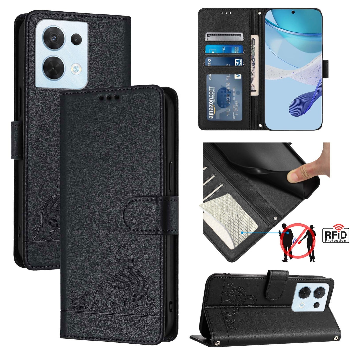 OPPO Reno8 5G Global Cat and Mouse Embossed PU Leather RFID Case with Wallet Slots, Anti-Fall Protection, Kickstand, and Lanyard-buycases.co.uk