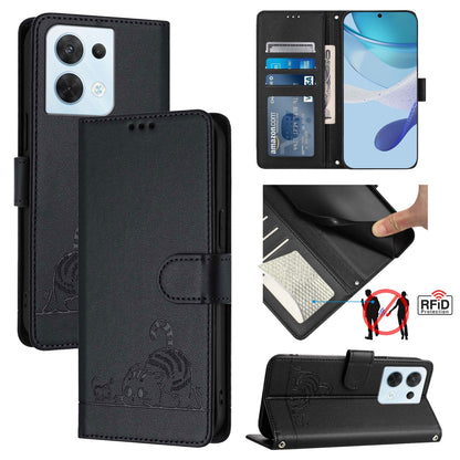 OPPO Reno8 5G Global Cat and Mouse Embossed PU Leather RFID Case with Wallet Slots, Anti-Fall Protection, Kickstand, and Lanyard-buycases.co.uk