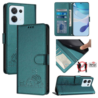 OPPO Reno8 5G Global Cat and Mouse Embossed PU Leather RFID Case with Wallet Slots, Anti-Fall Protection, Kickstand, and Lanyard-buycases.co.uk