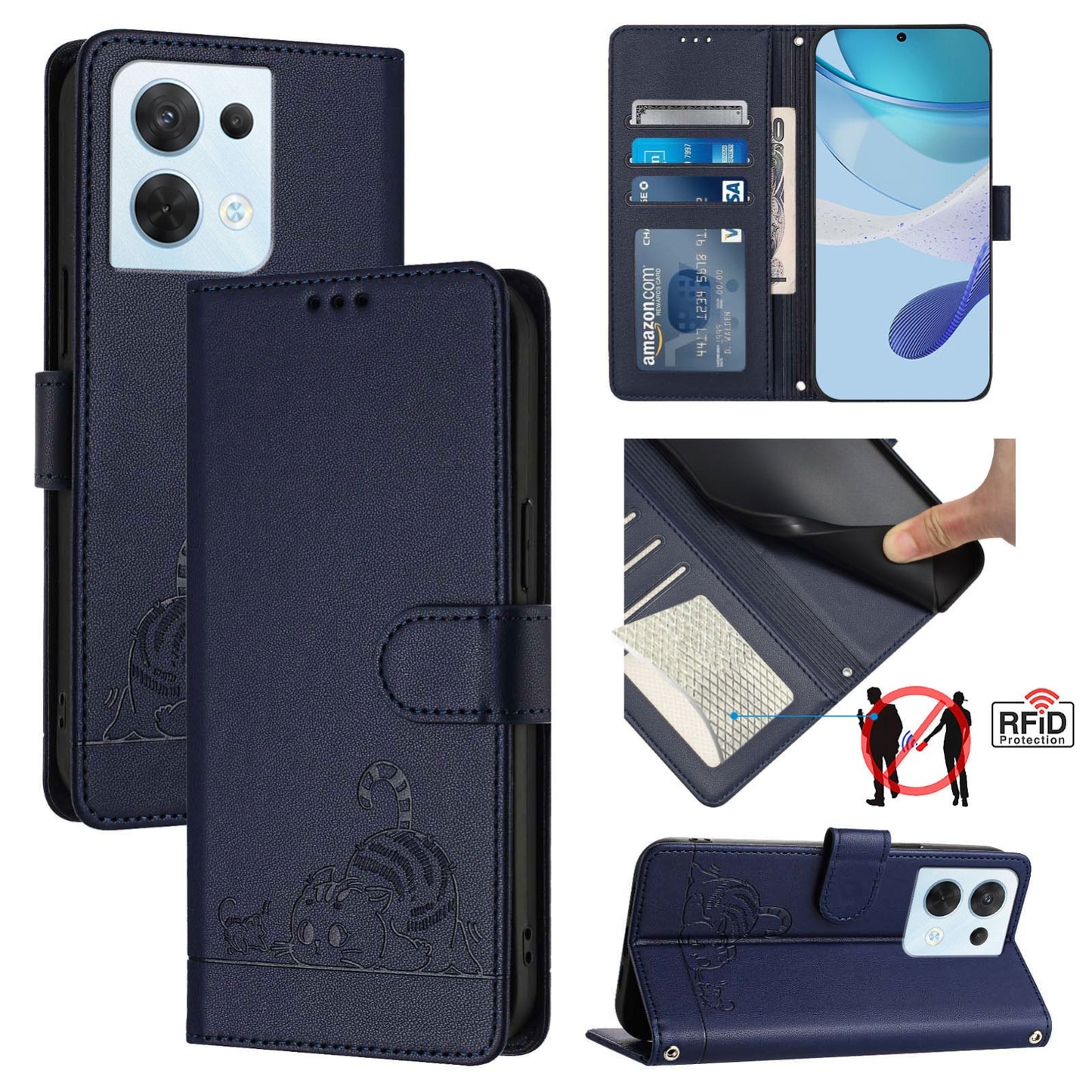 OPPO Reno8 5G Global Cat and Mouse Embossed PU Leather RFID Case with Wallet Slots, Anti-Fall Protection, Kickstand, and Lanyard-buycases.co.uk