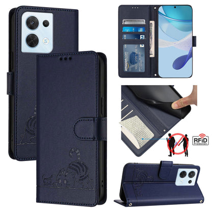 OPPO Reno8 5G Global Cat and Mouse Embossed PU Leather RFID Case with Wallet Slots, Anti-Fall Protection, Kickstand, and Lanyard-buycases.co.uk