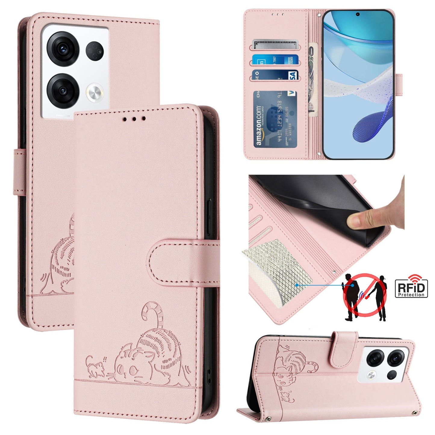 OPPO Reno8 Pro 5G Global Cat and Mouse Embossed PU Leather RFID Case with Wallet Slots, Anti-Fall Protection, Kickstand, and Lanyard-buycases.co.uk