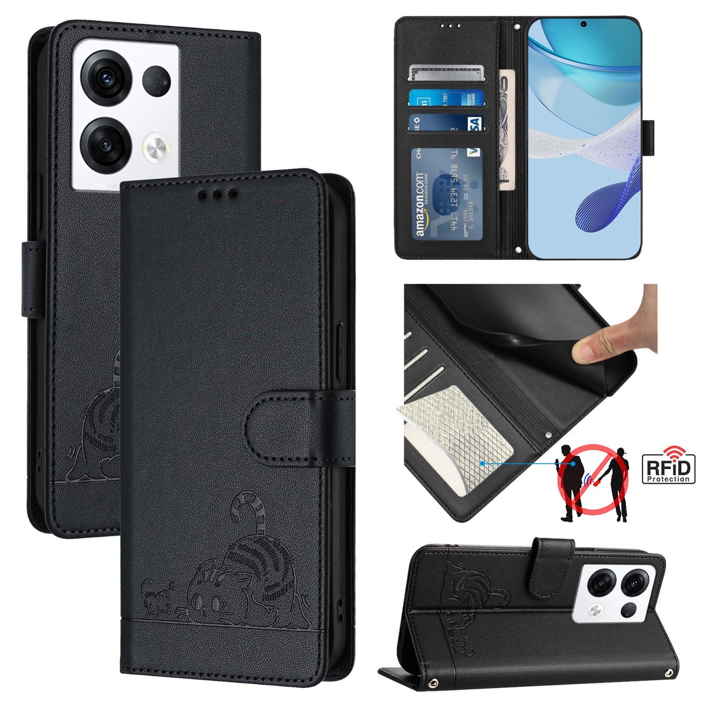 OPPO Reno8 Pro 5G Global Cat and Mouse Embossed PU Leather RFID Case with Wallet Slots, Anti-Fall Protection, Kickstand, and Lanyard-buycases.co.uk