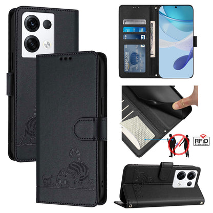 OPPO Reno8 Pro 5G Global Cat and Mouse Embossed PU Leather RFID Case with Wallet Slots, Anti-Fall Protection, Kickstand, and Lanyard-buycases.co.uk