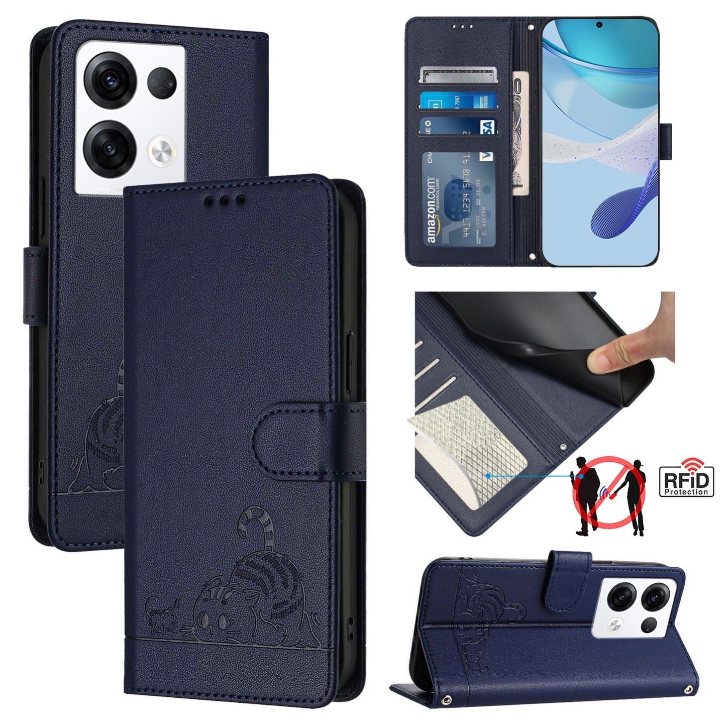 OPPO Reno8 Pro 5G Global Cat and Mouse Embossed PU Leather RFID Case with Wallet Slots, Anti-Fall Protection, Kickstand, and Lanyard-buycases.co.uk