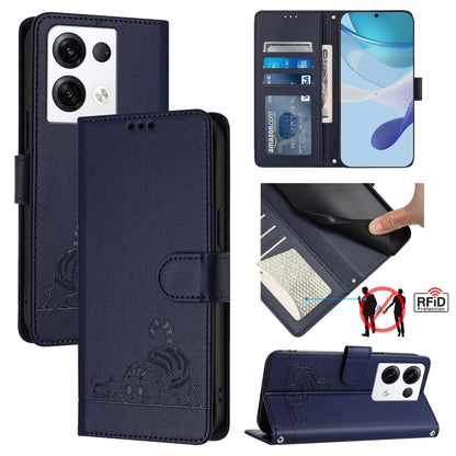 OPPO Reno8 Pro 5G Global Cat and Mouse Embossed PU Leather RFID Case with Wallet Slots, Anti-Fall Protection, Kickstand, and Lanyard-buycases.co.uk