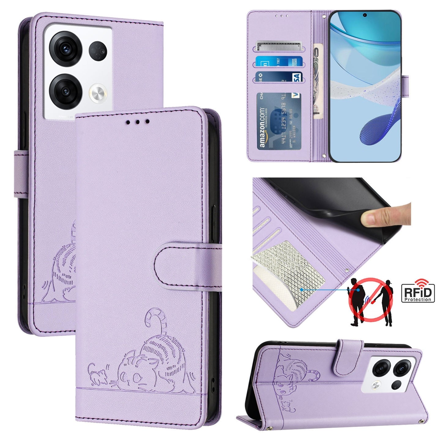 OPPO Reno8 Pro 5G Global Cat and Mouse Embossed PU Leather RFID Case with Wallet Slots, Anti-Fall Protection, Kickstand, and Lanyard-buycases.co.uk