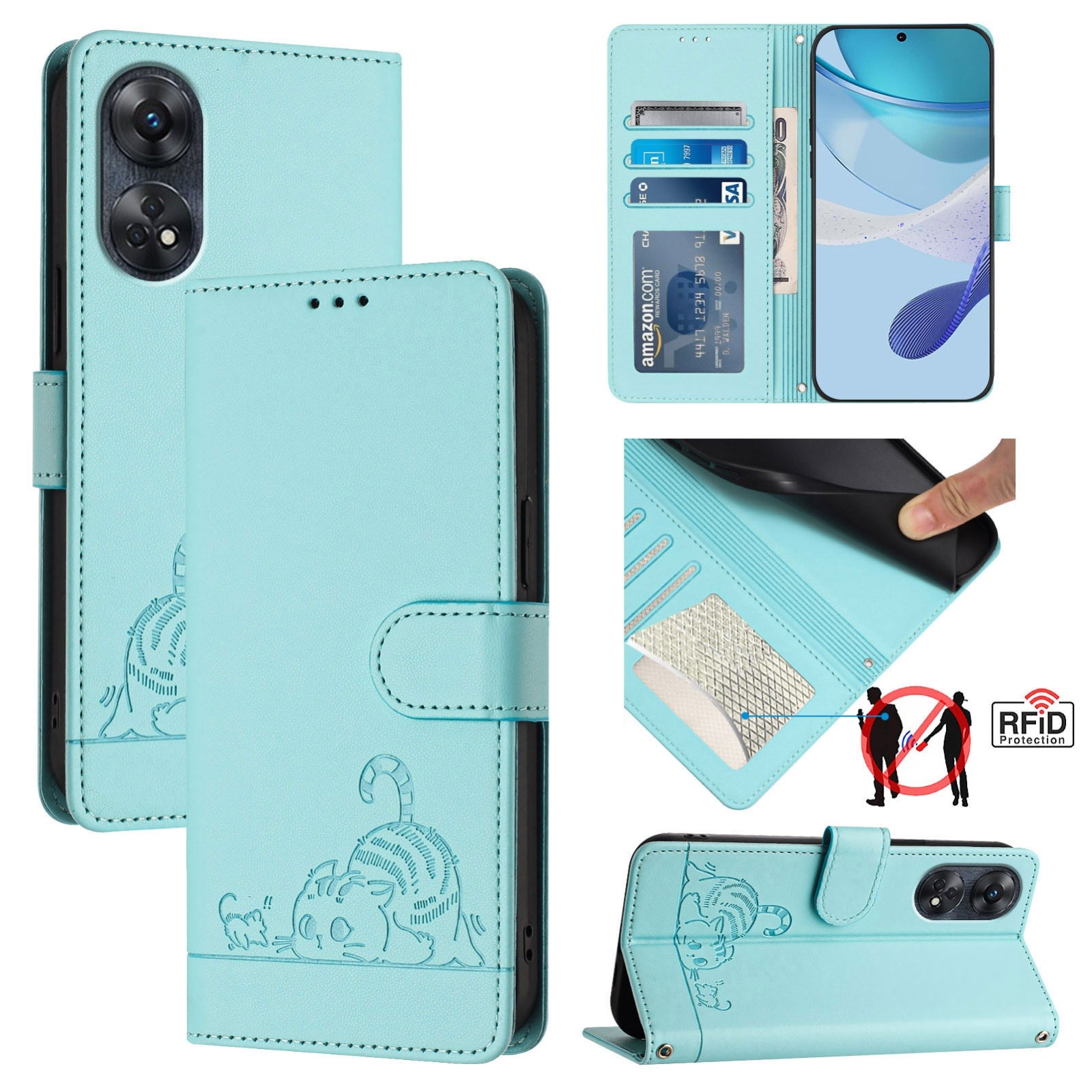 OPPO Reno8 T 4G Global Cat and Mouse Embossed PU Leather RFID Case with Wallet Slots, Anti-Fall Protection, Kickstand, and Lanyard-buycases.co.uk