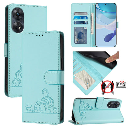 OPPO Reno8 T 4G Global Cat and Mouse Embossed PU Leather RFID Case with Wallet Slots, Anti-Fall Protection, Kickstand, and Lanyard-buycases.co.uk