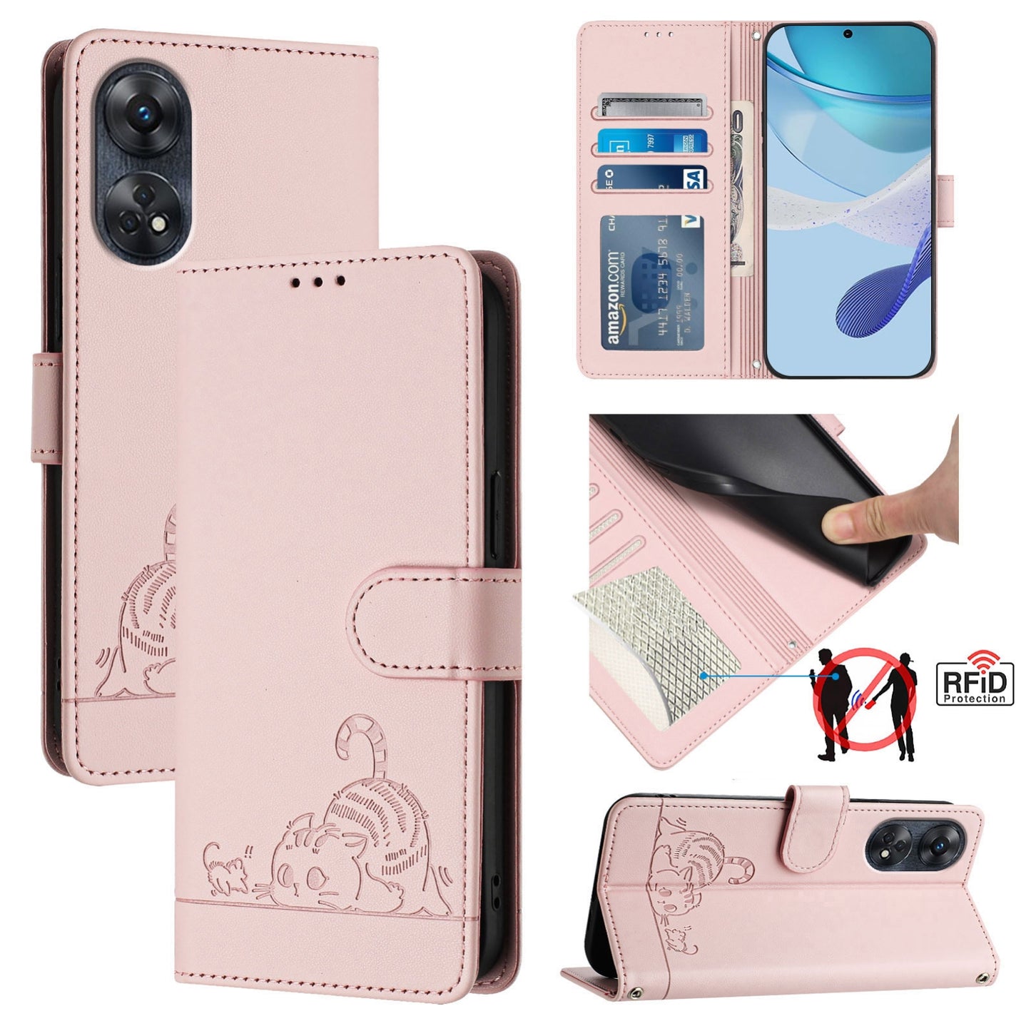 OPPO Reno8 T 4G Global Cat and Mouse Embossed PU Leather RFID Case with Wallet Slots, Anti-Fall Protection, Kickstand, and Lanyard-buycases.co.uk