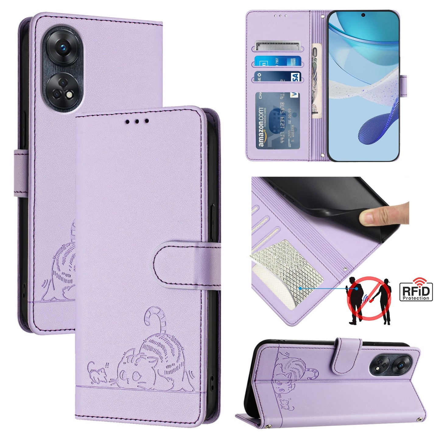 OPPO Reno8 T 4G Global Cat and Mouse Embossed PU Leather RFID Case with Wallet Slots, Anti-Fall Protection, Kickstand, and Lanyard-buycases.co.uk
