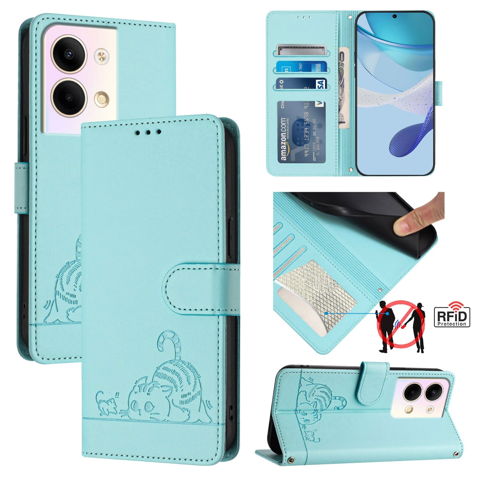 OPPO Reno9 5G Cat and Mouse Embossed PU Leather RFID Case with Wallet Slots, Anti-Fall Protection, Kickstand, and Lanyard-buycases.co.uk