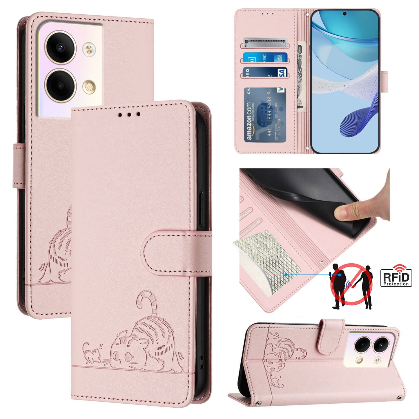 OPPO Reno9 Pro 5G Cat and Mouse Embossed PU Leather RFID Case with Wallet Slots, Anti-Fall Protection, Kickstand, and Lanyard-buycases.co.uk