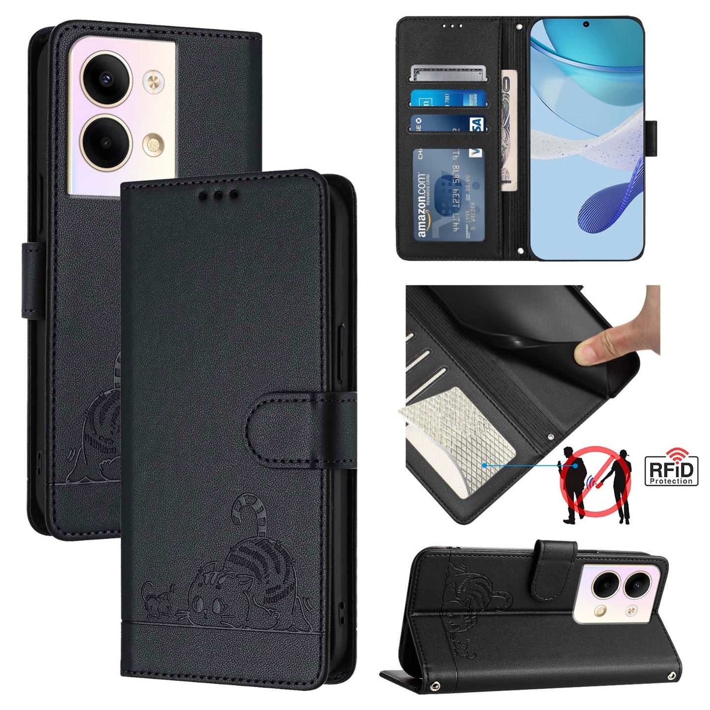 OPPO Reno9 5G Cat and Mouse Embossed PU Leather RFID Case with Wallet Slots, Anti-Fall Protection, Kickstand, and Lanyard-buycases.co.uk
