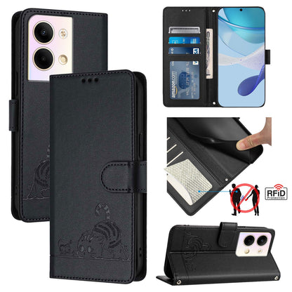 OPPO Reno9 Pro 5G Cat and Mouse Embossed PU Leather RFID Case with Wallet Slots, Anti-Fall Protection, Kickstand, and Lanyard-buycases.co.uk