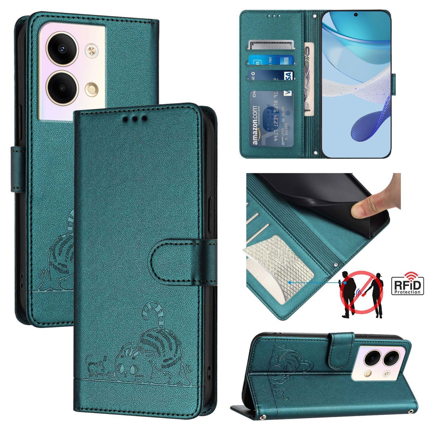 OPPO Reno9 Pro 5G Cat and Mouse Embossed PU Leather RFID Case with Wallet Slots, Anti-Fall Protection, Kickstand, and Lanyard-buycases.co.uk